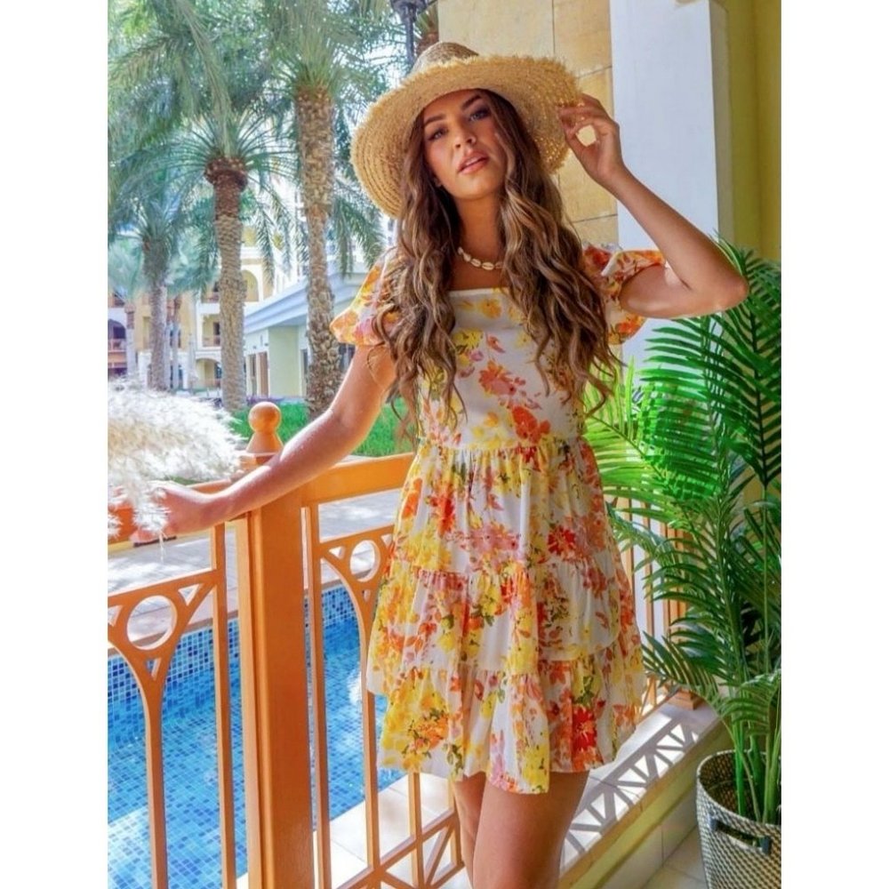 Yellow Floral Print Short Sleeve Open Back Mini Dress - Picture 8 of 10